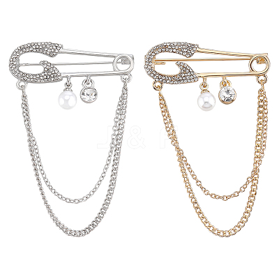 2Pcs 2 Colors Alloy Rhinestone Hanging Chain Brooches JEWB-PH0001-77-1