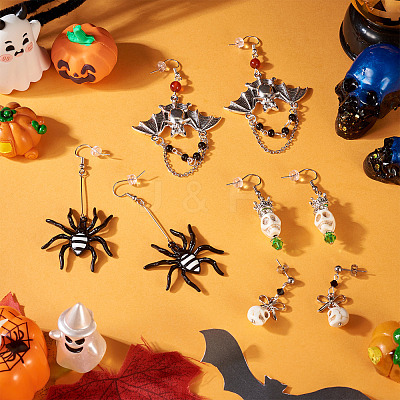 Hallowmas Alloy Enamel & Synthetic Turquoise Dangle & Stud Earring Sets EJEW-TA00709-1