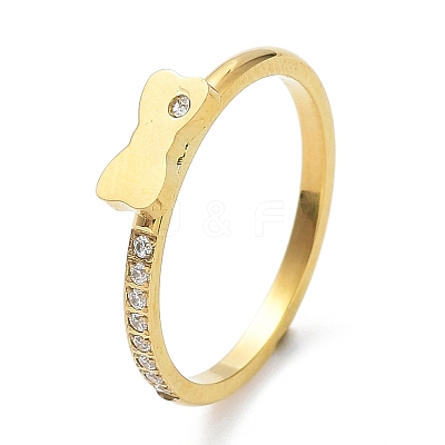 Ion Plating(IP) 304 Stainless Steel Bowknot Finger Ring with Cubic Zirconia RJEW-K224-15G-1
