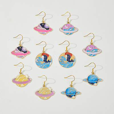 5 Pair 5 Style Golden Plated Alloy Enamel Planet Dangle Earrings with Iron Pins EJEW-AB00045-1