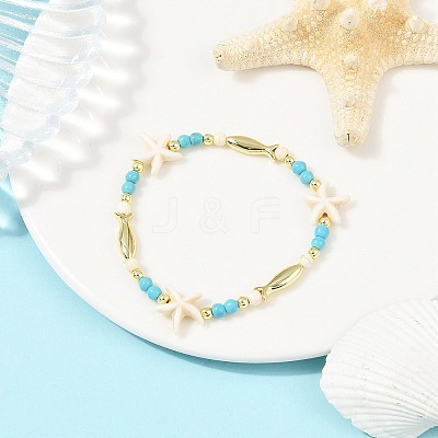 Synthetic Turquoise & Brass Beaded Stretach Bracelets for Women BJEW-JB12487-1