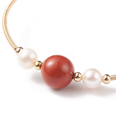 Natural Red Jasper & Pearl Round Beaded Bangle BJEW-JB08464-05-1