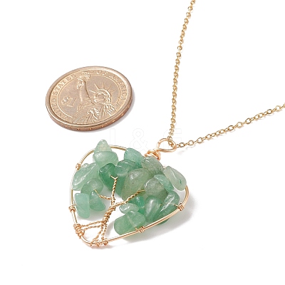 Natural Green Aventurine Chips Heart with Tree of Life Pendant Necklace NJEW-JN03906-02-1