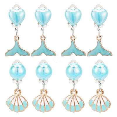 4 Pair 2 Style Imitation Shell Enamel Dangle Clip-on Earrings EJEW-AR0001-09A-1