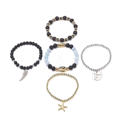 5Pcs 5 Style Natural Lava Rock & Natural Quartz & Synthetic Hematite Stretch Bracelets Set BJEW-JB08739-1