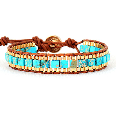 Dyed Natural Imperial Jasper & Cowhide Leather Beaded Braided Bead Bracelets FS-WGEDC06-01-1