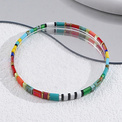 Boho Rainbow Glass Tile Tube Beaded Stretch Bracelets for Women MR7920-1