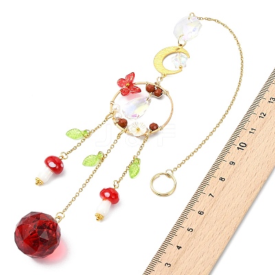 Glass Teardrop & Mushroom & Brass Moon Suncatcher HJEW-JM04934-02-1
