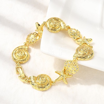 Summer Beach Brass Micro Pave Clear Cubic Zirconia Starfish & Shell Shape Link Chain Bracelets BJEW-C118-02A-G-1
