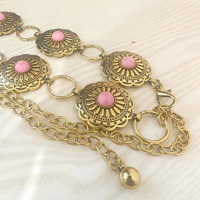 Ethnic Style Alloy with Dyed Synthetic Turquoise Flower Link Chain Waist Belly Chains for Women FS-WGC6A5F-01-1
