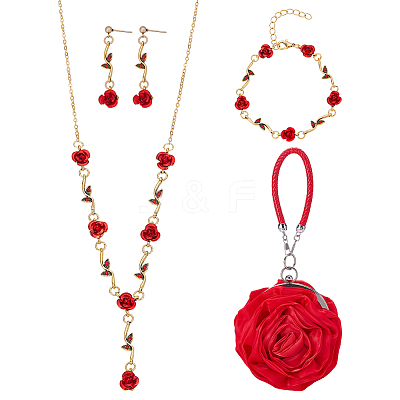 Rose Alloy Dangle Stud Earrings & Link Chain Bracelet & Pendant Necklace Sets SJEW-UN0001-22-1