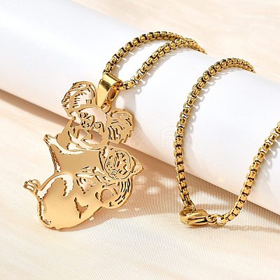 201 Stainless Steel Laser Cut Mother and Baby Koala Pendant Box Chain Necklaces for Women Men NJEW-E156-01G-1
