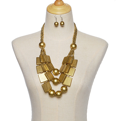 Wood Rectangle & Round Beaded Multilayer Necklaces & Dangle Earrings Sets FS-WG1E68D-07-1
