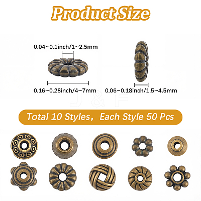 500Pcs 10 Styles Tibetan Style Beads TIBEB-PA0001-12-1
