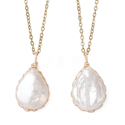 Baroque Natural Keshi Pearl Teardrop Pendant 304 Stainless Steel Cable Chain Necklaces for Women NJEW-JN05757-1