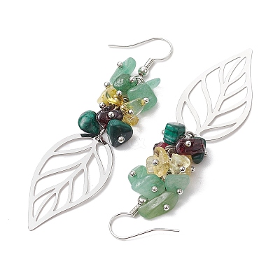 Leaf 201 Stainless Steel Natural Citrine & Natural Green Aventurine & Natural Malachite & Natural Garnet Chip Dangle Earrings EJEW-JE06138-02-1