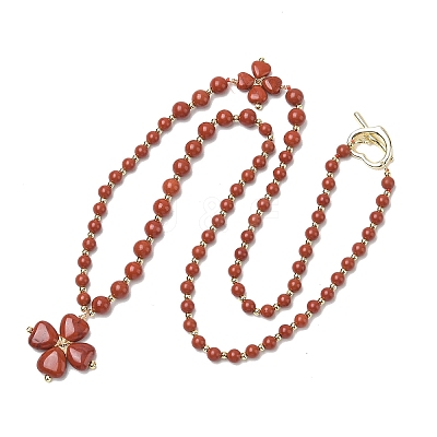 Saint Patrick's Day Natural Red Jasper Clover Pendant Round Beaded Necklaces with Brall Heart OT Clasps NJEW-G202-02G-04-1