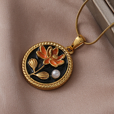 316 Surgical Stainless Steel Enamel with Imitation Pearl Flat Round with Flower Pendant Necklaces for Women AK2795-1