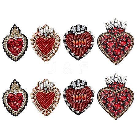 GOMAKERER 8Pcs 4 Style Sacred Heart Glass Rhinestone Appliques PATC-GO0001-03-1