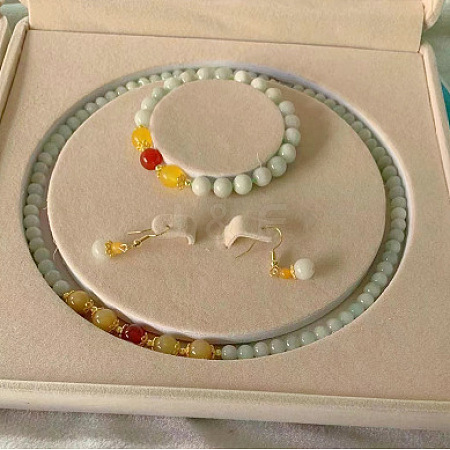 Natural Jadeite Round Beaded Necklaces & Beaded Bracelets & Dangle Earrings Sets WGE6446-06-1