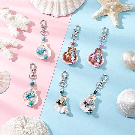Natural Scallop Shell & Synthetic Turquoise Starfish Pendant Decorations HJEW-JM03641-01-1
