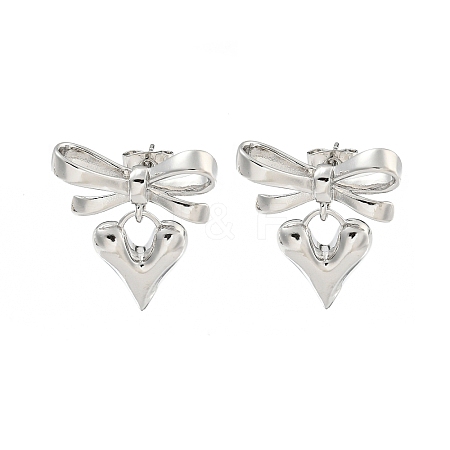 Bowknot & Heart Brass Stud Dangle Earrings for Women EJEW-G387-01P-1