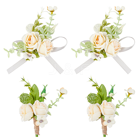 HOBBIESAY 4Pcs 2 Style Artificial Sunflower Wrist Corsage & Brooch AJEW-HY0001-34A-1