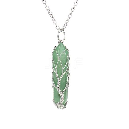 Natural Green Aventurine Double Terminal Pointed Faceted Bullet Copper Wire Wrapped Tree of Life Pendant Alloy Chain Necklaces FS-WG07FDC-05-1