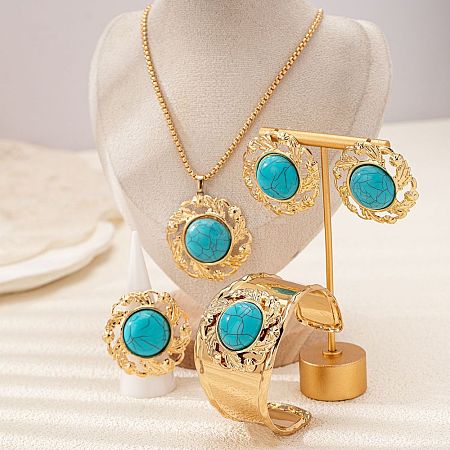 Round Alloy & Synthetic Turquoise Pendant Necklace & Stud Earring & Cuff Bangle & Rings Sets FS-WG9CCFC-01-1