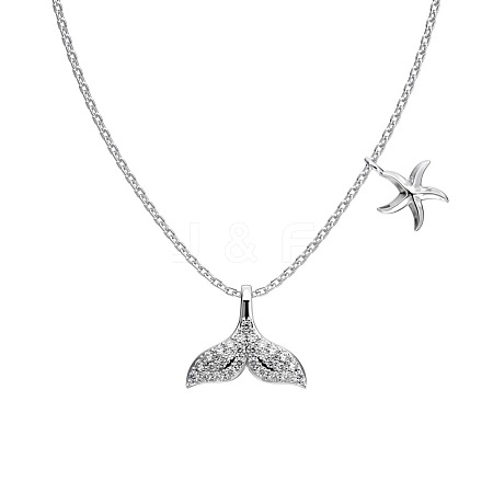 Rhodium Plated Summer Beach 925 Sterling Silver Micro Pave Clear Cubic Zirconia Cable Chain Whale Tail & Starfish Pendant Necklaces NJEW-Q342-02P-1