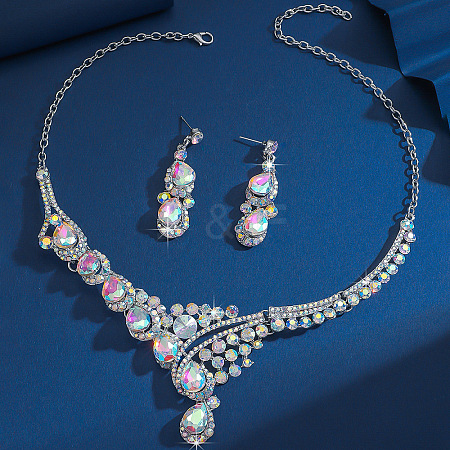 Teardrop Alloy Rhinestone Bib Necklaces & Stud Earring Sets for Women FS-WG2AA93-03-1