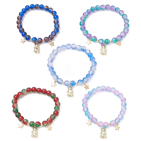 5pcs Crackle Glass Round Beads Stretch Bracelets BJEW-JB11488-1