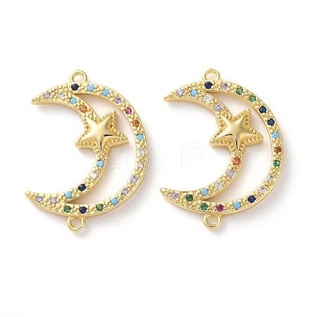 Rack Plating Brass Colorful Cubic Zirconia Moon Star Connector Charms KK-C084-21G-1