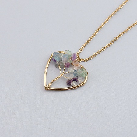Natural Fluorite Chip Beaded Tree of Life Alloy Heart Pendant Necklaces WG026CB-05-1