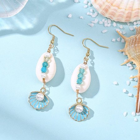 Natural Agate & Cultured Freshwater Pearl & Cowrie Shell Beads Dangle Earrings EJEW-JE07200-1