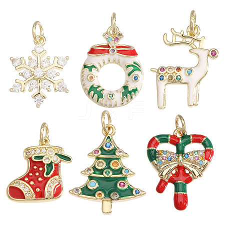6Pcs 6 Styles Christmas Theme Brass Rhinestone Pendants KK-CA0003-79-1