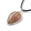Natural Unakite Leaf Cage Pendant Necklace with Waxed Cords NJEW-TA00035-03-4
