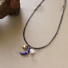 Brass Enamel Blue Crescent Moon Pendant Black Imitation Leather Cord 2-Strand Necklaces for Women WG612AC-01-2