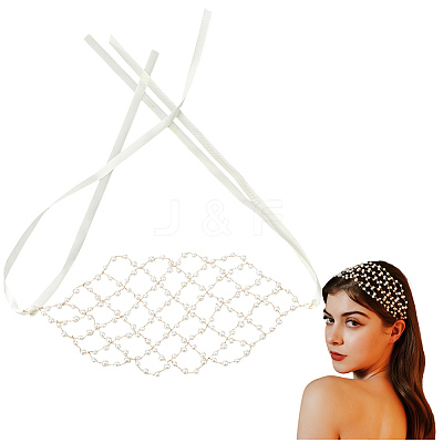 Plastic Imitation Pearl and Polyester Mesh Headbands AJEW-WH20080-60A-1