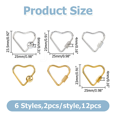 12Pcs 6 Styles Stainless Steel Screw Locking Carabiner STAS-HS0001-62-1