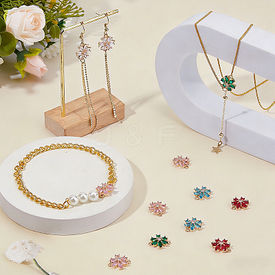 12Pcs 6 Colors Brass Pave Cubic Zirconia and Glass Flower Links Connector Charms KK-FH0008-41-1
