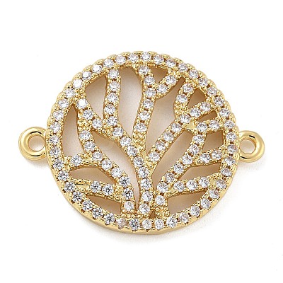Rack Plating Brass Micro Pave Clear Cubic Zirconia Flat Round with Tree Connector Charms KK-A234-034G-1