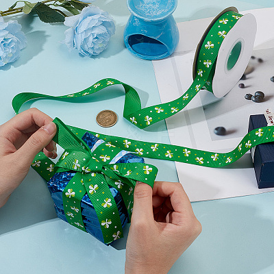Saint Patrick's Day Polyester Shamrock Printed Grosgrain Ribbons SRIB-WH0011-304A-1