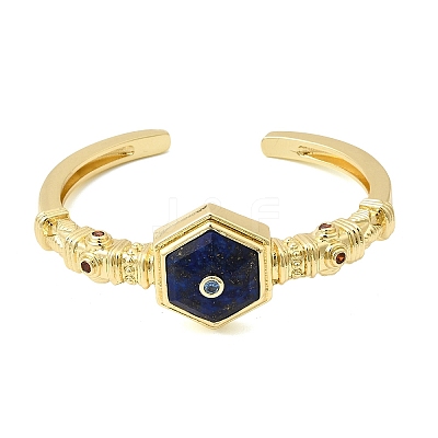Hexagon Brass Pave Natural Lapis Lazuli & Cubic Zirconia Cuff Bangles for Women BJEW-Z172-01G-10-1
