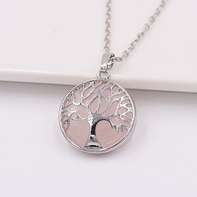 Natural Rose Quartz Alloy Tree of Life Pendant Necklaces for Women Men FS-WG931AE-02-1