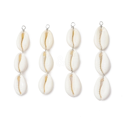 3 Natural Cowrie Shell Beaded Big Pendants PALLOY-JF03807-1