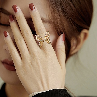 Butterfly Clear Cubic Zirconia Cuff Ring RJEW-SZ0001-13-1