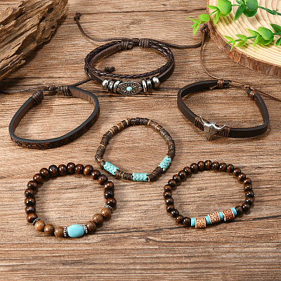 6Pcs 6 Styles Zinc Alloy and Wood Beads Coconut Shell Artificial Leather Cord Braided Bracelets & Stretch Bracelets Sets FS-WG2D370-01-1