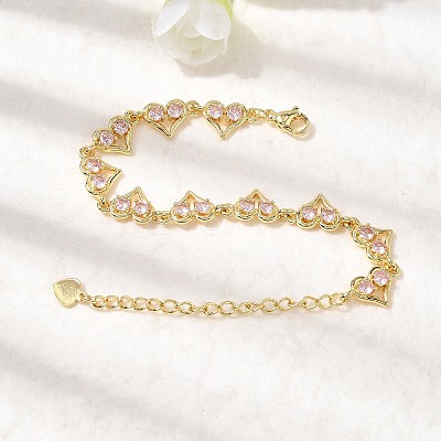 Heart Brass Micro Pave Cubic Zirconia Link Chain Bracelets BJEW-L715-01G-02-1