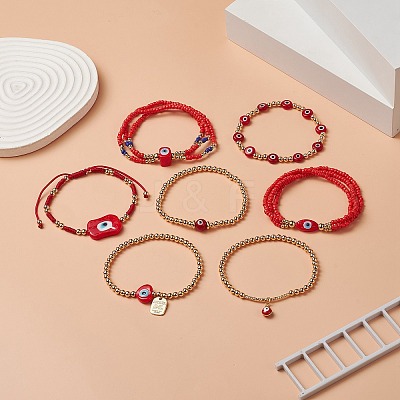 7Pcs 7 Style Evil Eye Lampwork & Glass Seed & Brass Beaded Stretch Bracelets Set for Women BJEW-JB09249-01-1